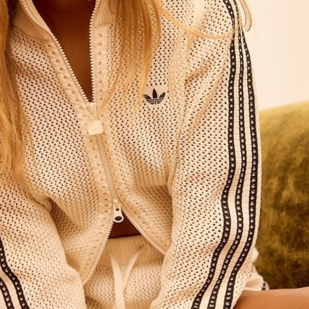 NWOT Adidas Crochet Track Suit Set, Jacket + Shorts, Cream